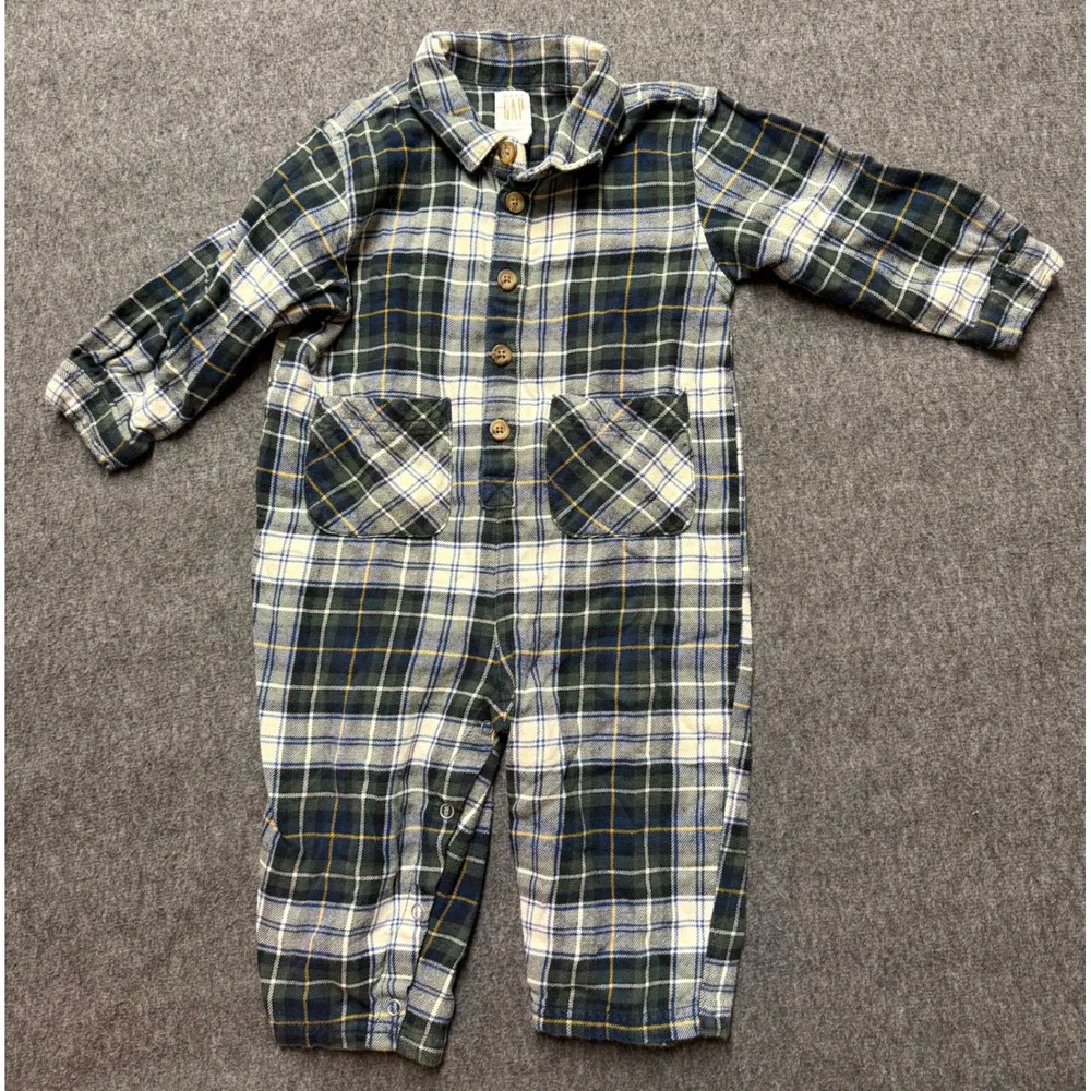 VTG Baby Gap Plaid Flannel Romper 18-24 Months Green Blue One Piece Button Up